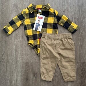 Wrangler Flannel Bodysuit and Jogger Set Boys 12M Yellow Black Buffalo Plaid